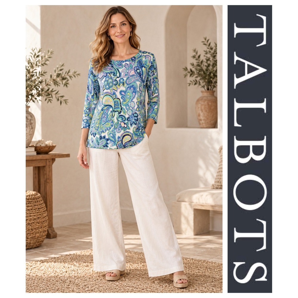 Talbots Blue Green Pink Paisley 3/4 Sleeve Cotton Blend Knit Coastal Beach Top M